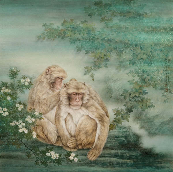 Pintura intitulada "猴趣图" por Xue Yan Qin, Obras de arte originais, Óleo