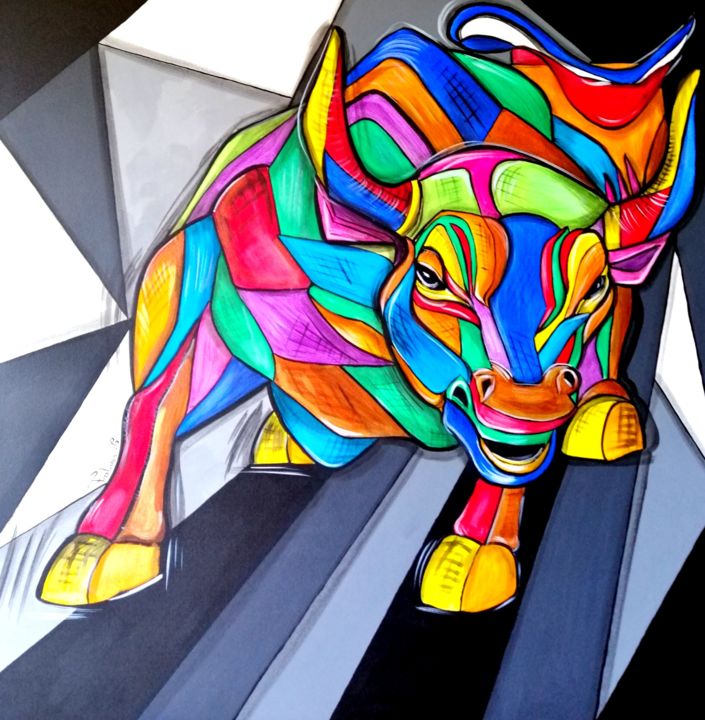 Malerei mit dem Titel "Le taureau de wall…" von Cindy Fontana, Original-Kunstwerk, Acryl