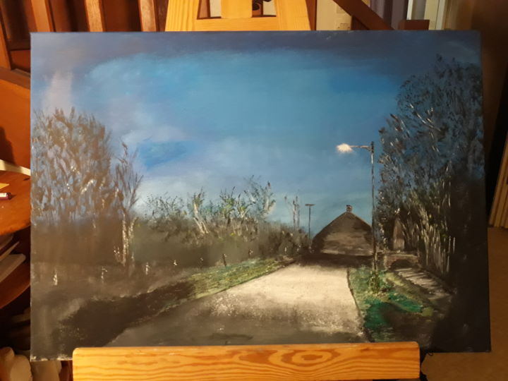 Painting titled "village de nuit" by Mrgone, Original Artwork, Oil
