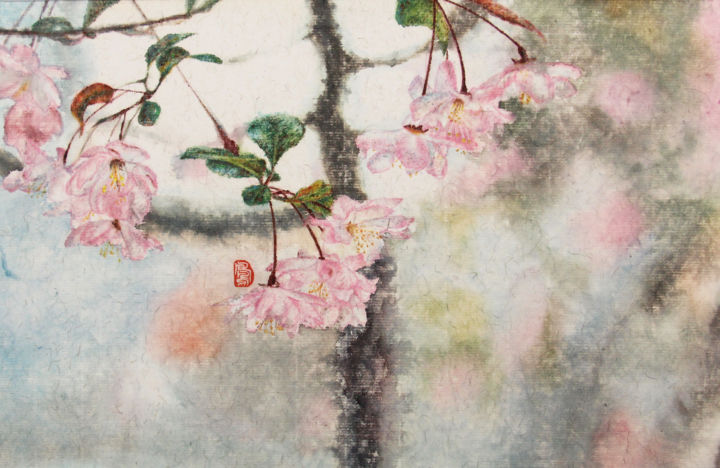 Painting titled "垂丝海棠" by 乔木, Original Artwork, Watercolor