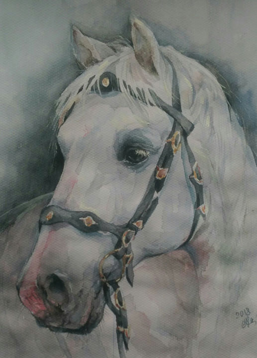 Картина под названием "Белый конь.jpg" - Галина Аксамит, Подлинное произведение искусства, Акварель