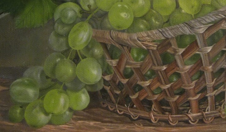 Картина под названием "Виноград в карзине.…" - Вера Волкова, Подлинное произведение искусства, Масло Установлен на Деревянна…