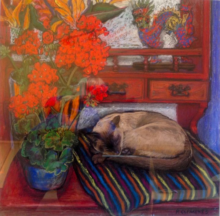 Drawing titled "Bb on the Dresser" by Patricia Clements Art, Original Art, Pastel Mounted on Cardboard