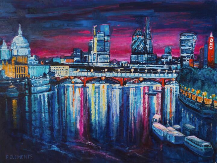 Painting titled "Large cityscape fro…" by Patricia Clements Art, Original Artwork, Oil Mounted on Wood Stretcher frame