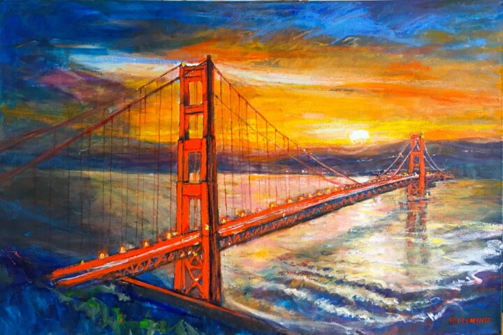 Painting titled "Golden Gate Bridge…" by Patricia Clements Art, Original Artwork, Oil Mounted on Wood Stretcher frame