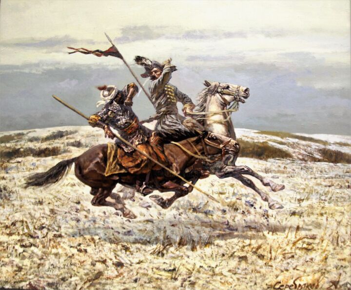 Pittura intitolato "Duel. Winter. Cossa…" da Andrey Serebryakov, Opera d'arte originale, Olio