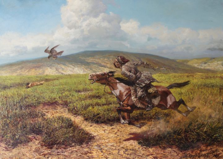 Картина под названием "Охота в степи." - Andrey Serebryakov, Подлинное произведение искусства, Масло