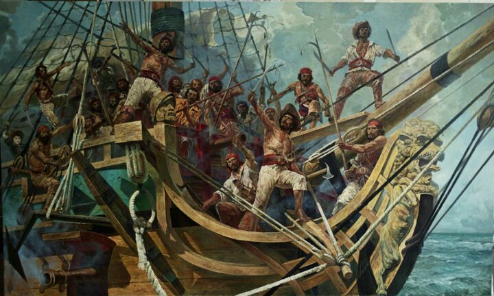 Painting titled "Pirate boarding" by Andrey Serebryakov, Original Artwork, Oil