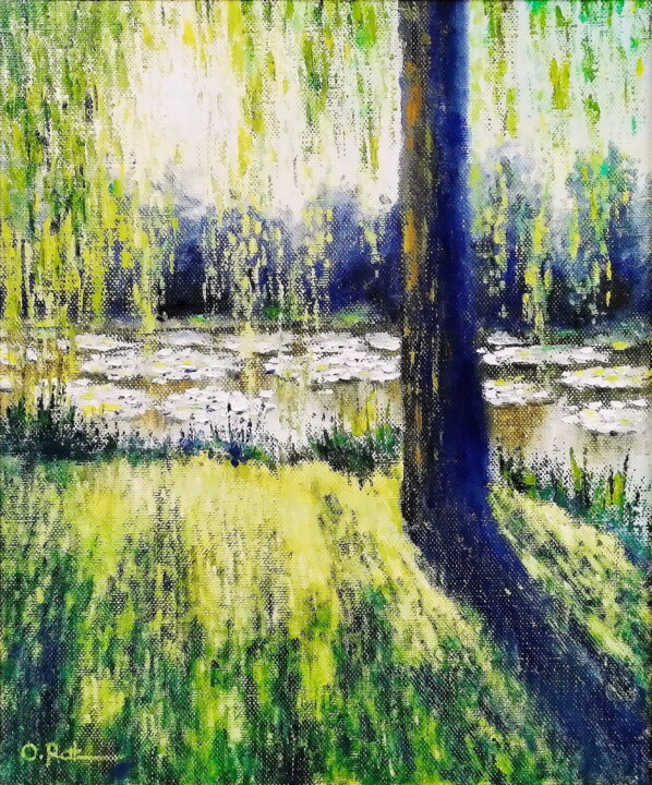 Painting titled "Pond in Giverny 5" by Oleh Rak, Original Artwork, Oil Mounted on Wood Stretcher frame