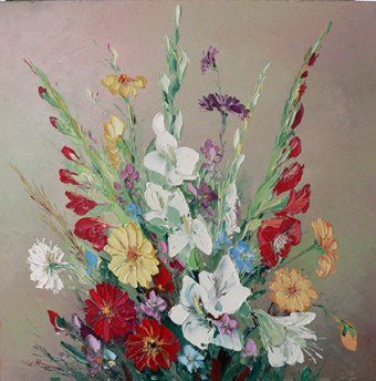 Peinture intitulée "Gladioluses" par Ioan Rosca, Œuvre d'art originale, Huile