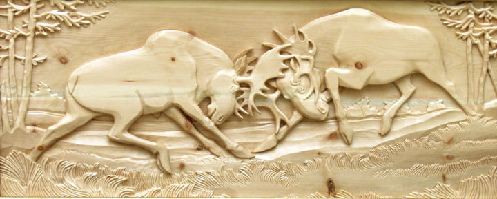 Skulptur mit dem Titel "Moose fight in love…" von Sergey Popov Pop Art, Original-Kunstwerk, Holz