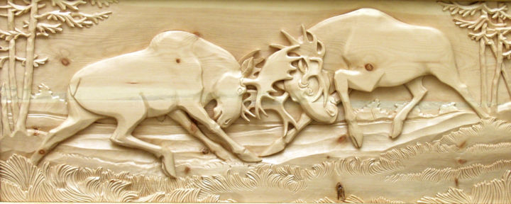 Sculpture intitulée "Moose fight in love…" par Sergey Popov Pop Art, Œuvre d'art originale, Bois