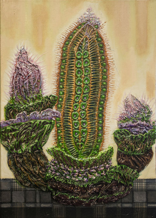 Картина под названием "(кактусы на моём ок…" - Юрий Тюх, Подлинное произведение искусства, Масло