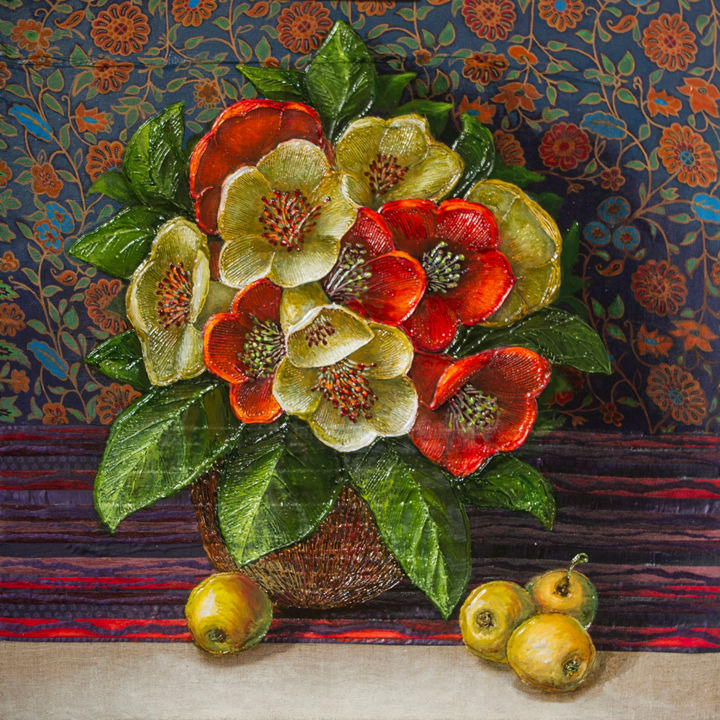 Картина под названием "(натюрморт с лилиям…" - Юрий Тюх, Подлинное произведение искусства, Масло