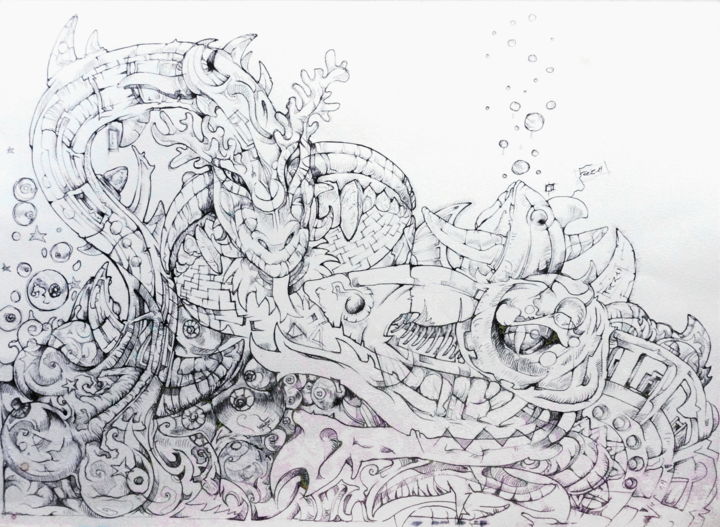 Dessin intitulée "" Dead fish loves w…" par Mr Foe'Z, Œuvre d'art originale, Stylo à bille