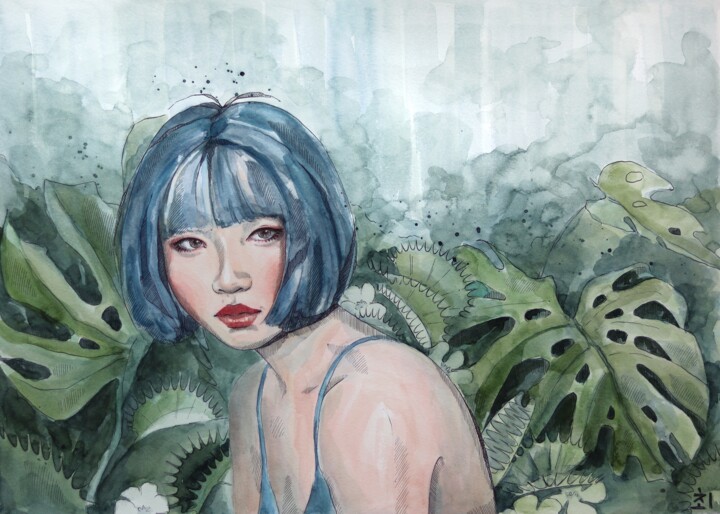 Peinture intitulée "Botanic girl" par Marina Ogai, Œuvre d'art originale, Aquarelle