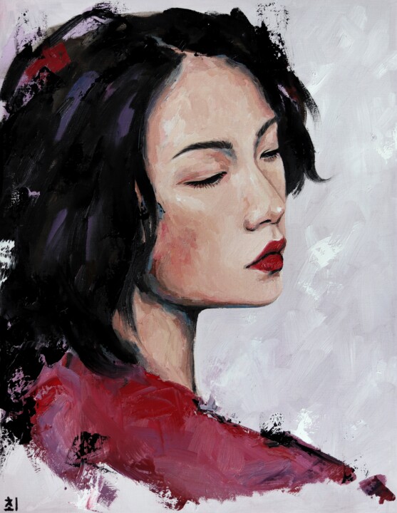Peinture intitulée "Asian girl in red" par Marina Ogai, Œuvre d'art originale, Huile