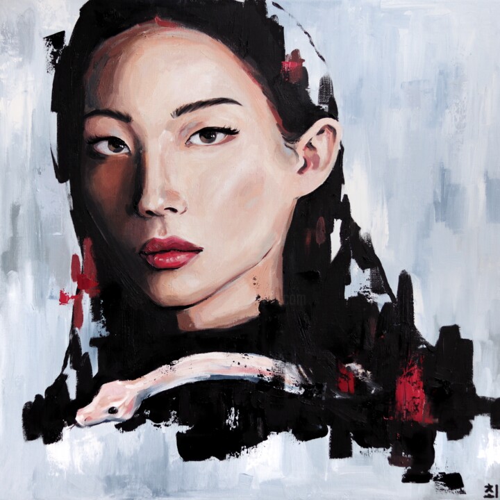 Peinture intitulée "Asian girl with a s…" par Marina Ogai, Œuvre d'art originale, Huile