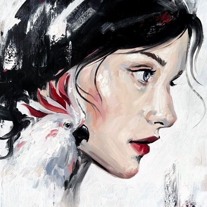 Painting titled "WOMAN WITH COCKATOO…" by Marina Ogai, Original Artwork, Oil