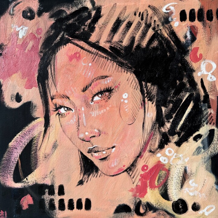 Pintura intitulada "ORANGE ASIAN GIRL" por Marina Ogai, Obras de arte originais, Óleo