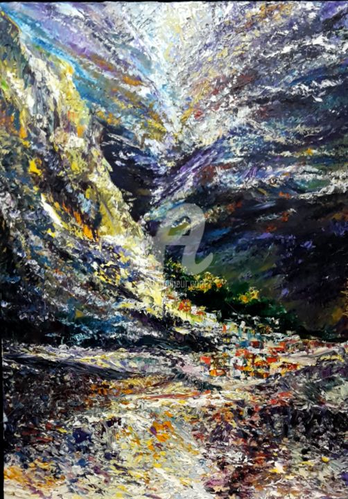 Schilderij getiteld "Mountain''s Echoes" door Asim Amjad Tippu, Origineel Kunstwerk, Olie