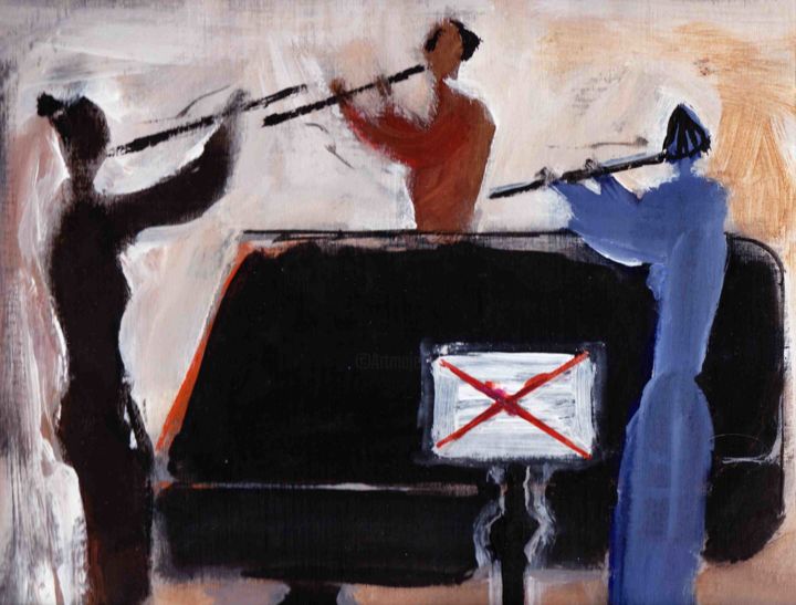 Рисунок под названием "Три флейтистки" - Vyacheslav Shpak, Подлинное произведение искусства, Гуашь Установлен на картон