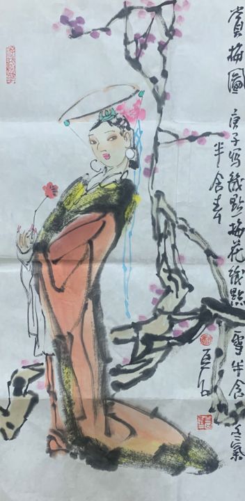 Schilderij getiteld "赏梅图" door Ming Wei Zhang, Origineel Kunstwerk, Inkt
