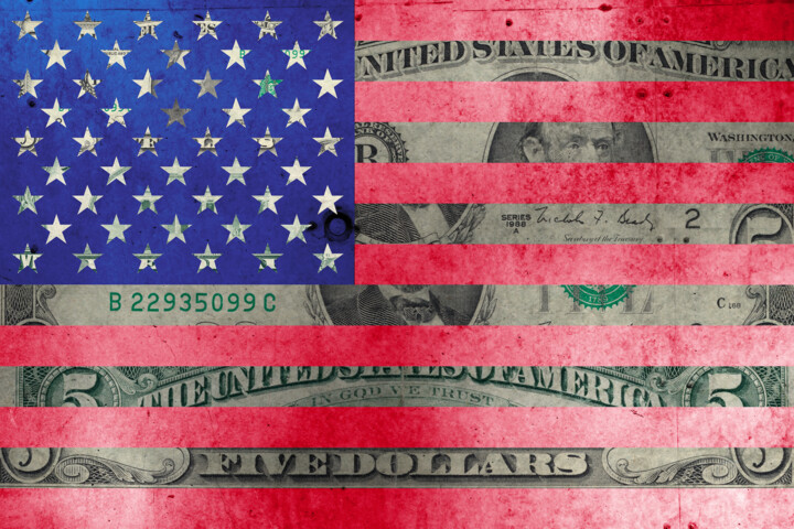 Painting titled "5 Dollar Flag" by 6ro, Original Artwork, Digital Painting Mounted on Wood Stretcher frame