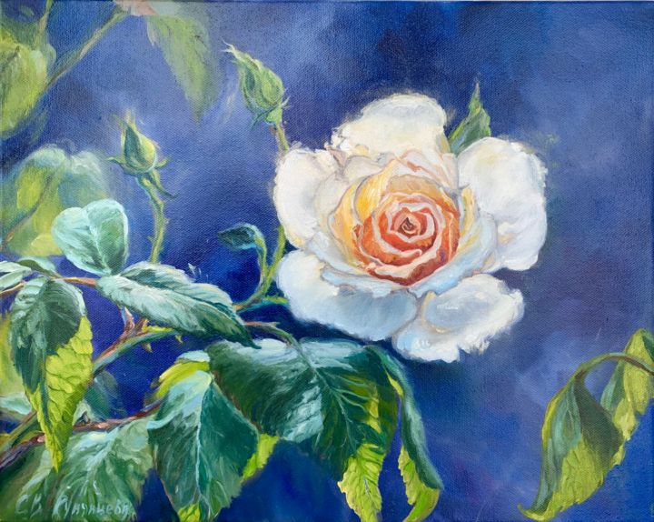 Painting titled "Rose’s shine (Сияни…" by Svetlana Rumyantseva Svetlana Rumiantseva, Original Artwork, Oil Mounted on Wood S…