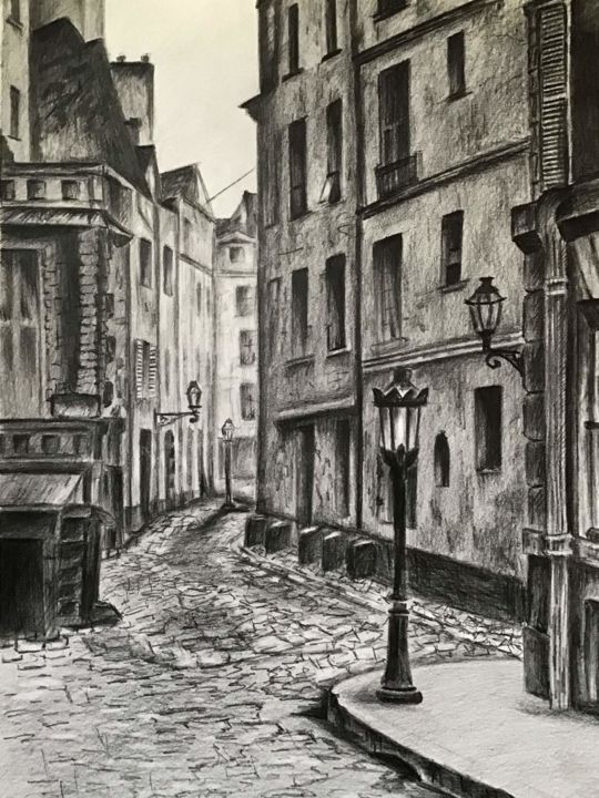 Рисунок под названием "Послевоенный Париж" - Ната Козина, Подлинное произведение искусства, Карандаш