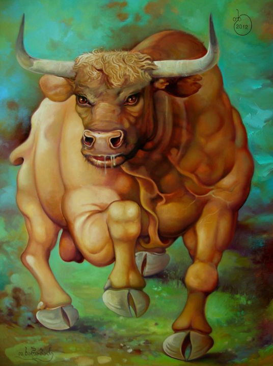 Картина под названием "Бык" - Xano, Подлинное произведение искусства, Масло