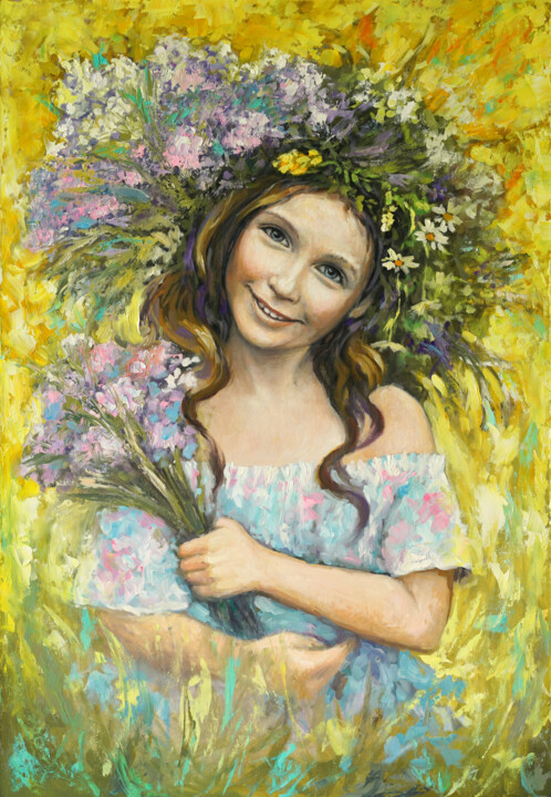 Картина под названием "Девочка  с венком" - Valeriy Novikov, Подлинное произведение искусства, Масло