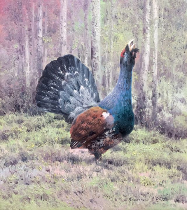 Painting titled "Wood grouse" by Vasily Gribennikov, Original Artwork, Oil Mounted on Cardboard