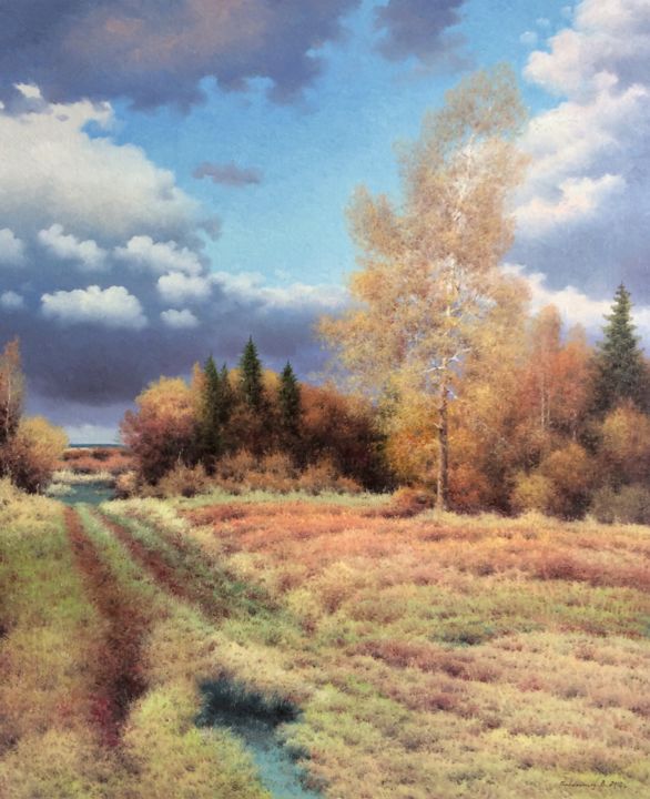 「October」というタイトルの絵画 Vasily Gribennikovによって, オリジナルのアートワーク, オイル ウッドストレッチャーフレームにマウント