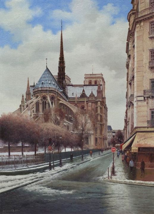Painting titled "Notre Dame de Paris" by Vasily Gribennikov, Original Artwork, Oil Mounted on Wood Stretcher frame