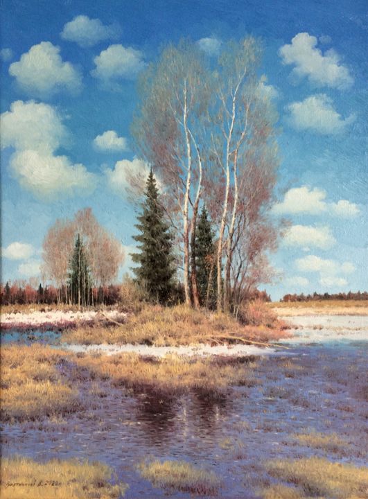 Painting titled "Spring Spill" by Vasily Gribennikov, Original Artwork, Oil Mounted on Wood Stretcher frame