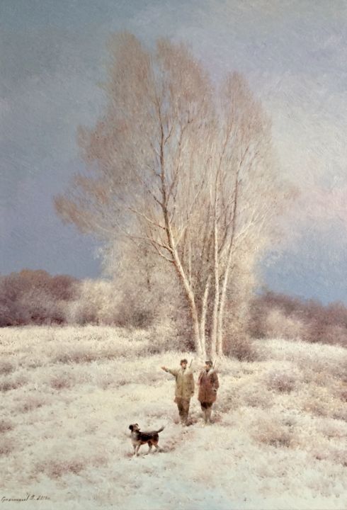Painting titled "Winter. Hunters" by Vasily Gribennikov, Original Artwork, Oil Mounted on Wood Stretcher frame