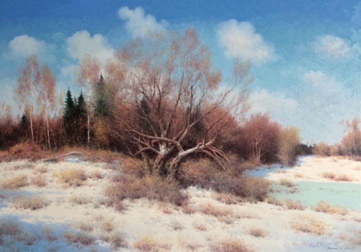 Painting titled "Freezing day" by Vasily Gribennikov, Original Artwork, Oil Mounted on Wood Stretcher frame