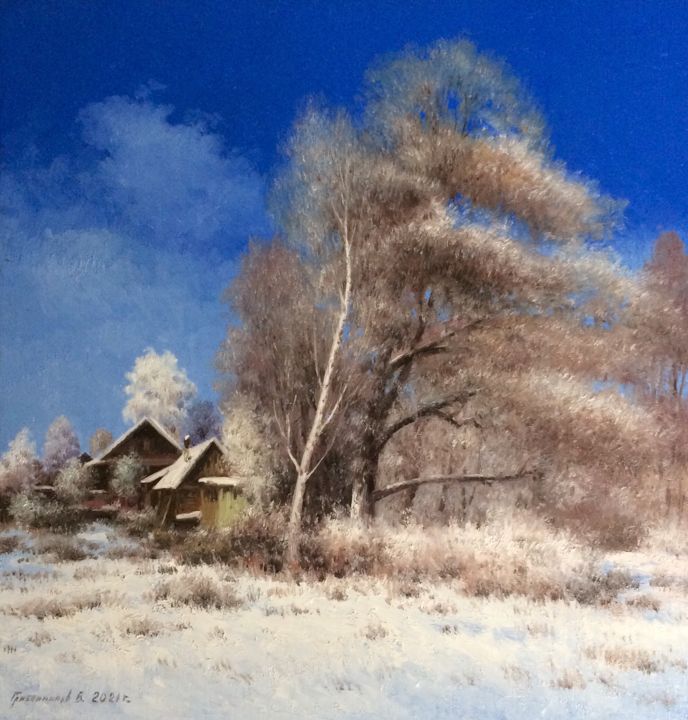 Painting titled "January frost" by Vasily Gribennikov, Original Artwork, Oil Mounted on Cardboard