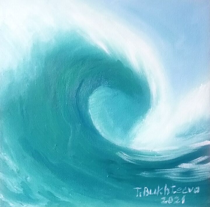 Malerei mit dem Titel "Teal wave" von Tatiana Bukhteeva, Original-Kunstwerk, Öl Auf Karton montiert