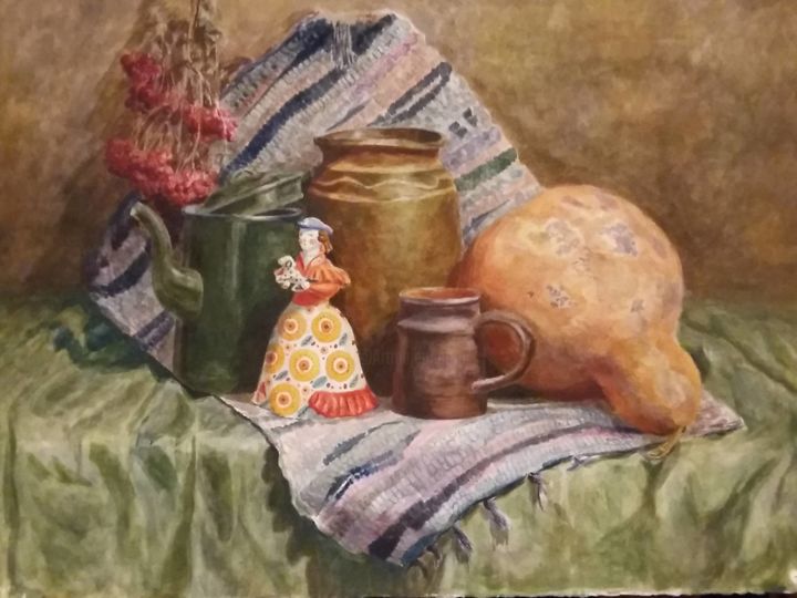 Painting titled "Натюрморт с веткой…" by Nataliia Kachanova, Original Artwork, Watercolor