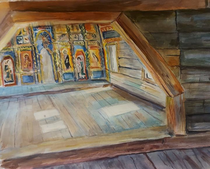 Painting titled "Деревянные церкви Р…" by Наталия Качанова, Original Art, Watercolor