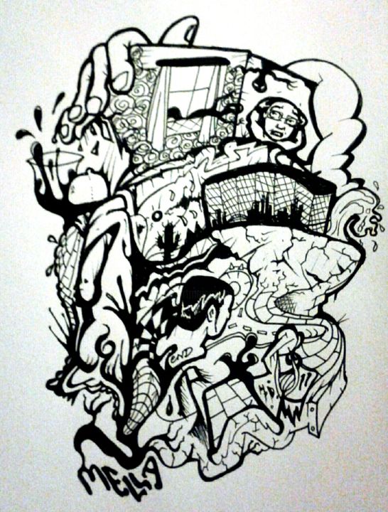 Drawing titled "Life of controll" by Mella, Original Artwork, Ballpoint pen
