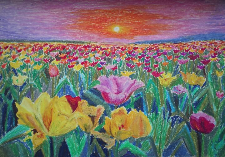 Рисунок под названием "Tulip field" - Arina Khlebnikova, Подлинное произведение искусства, Пастель