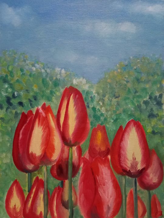 Painting titled "Tulips" by Arina Khlebnikova, Original Artwork, Oil