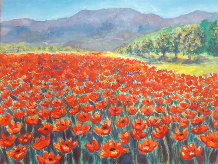 Peinture intitulée "Field of poppy" par Arina Khlebnikova, Œuvre d'art originale, Tempera