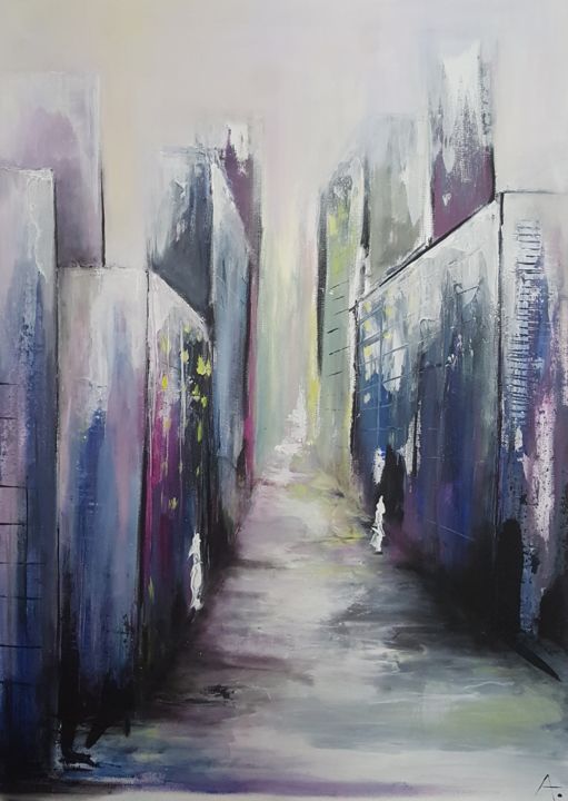 Malarstwo zatytułowany „Purple street” autorstwa Annabelle B., Oryginalna praca, Akryl Zamontowany na Drewniana rama noszy