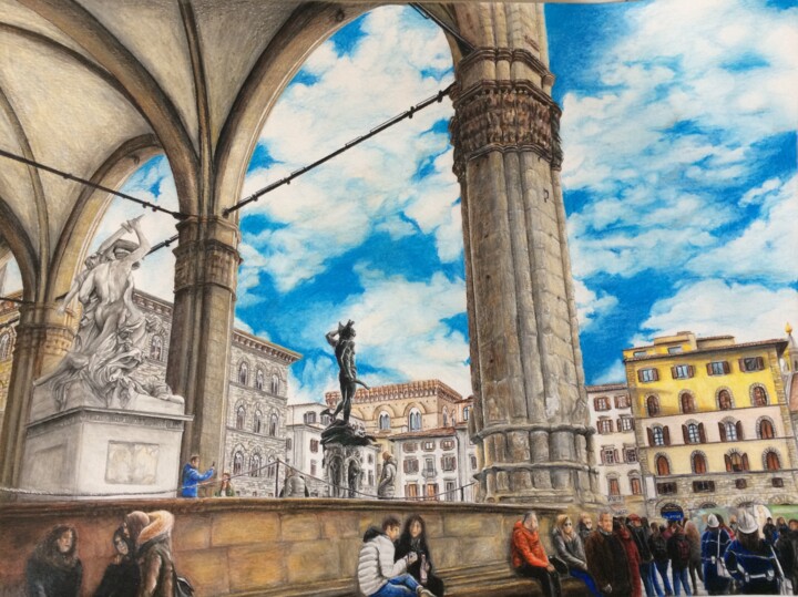 Rysunek zatytułowany „Loggia dei Lanzi e…” autorstwa A-Criticart, Oryginalna praca, Conté Zamontowany na Inny sztywny panel