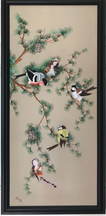 Textile Art titled ""Sparrows"" by Dorna F, Original Artwork
