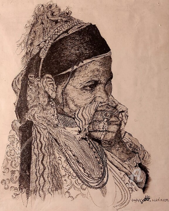 Schilderij getiteld "SAHRAOUIA : FEMME T…" door A. Lalmi, Origineel Kunstwerk, Inkt